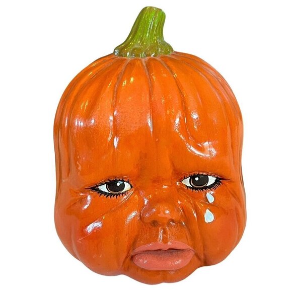 Creepy Anthropomorphic Crying Baby Face Tears Pumpkin Halloween Jack o Lantern - Picture 1 of 10